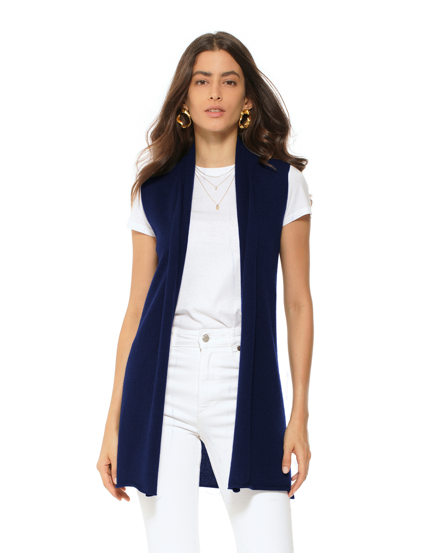Women's Pure Cashmere Sleeveless Long Open Front Cardigan Blue