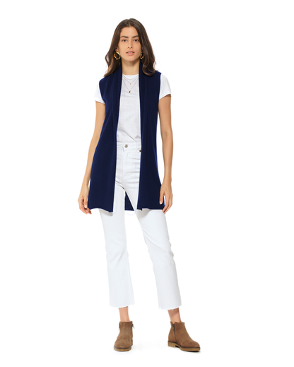 Women's Pure Cashmere Sleeveless Long Open Front Cardigan Blue
