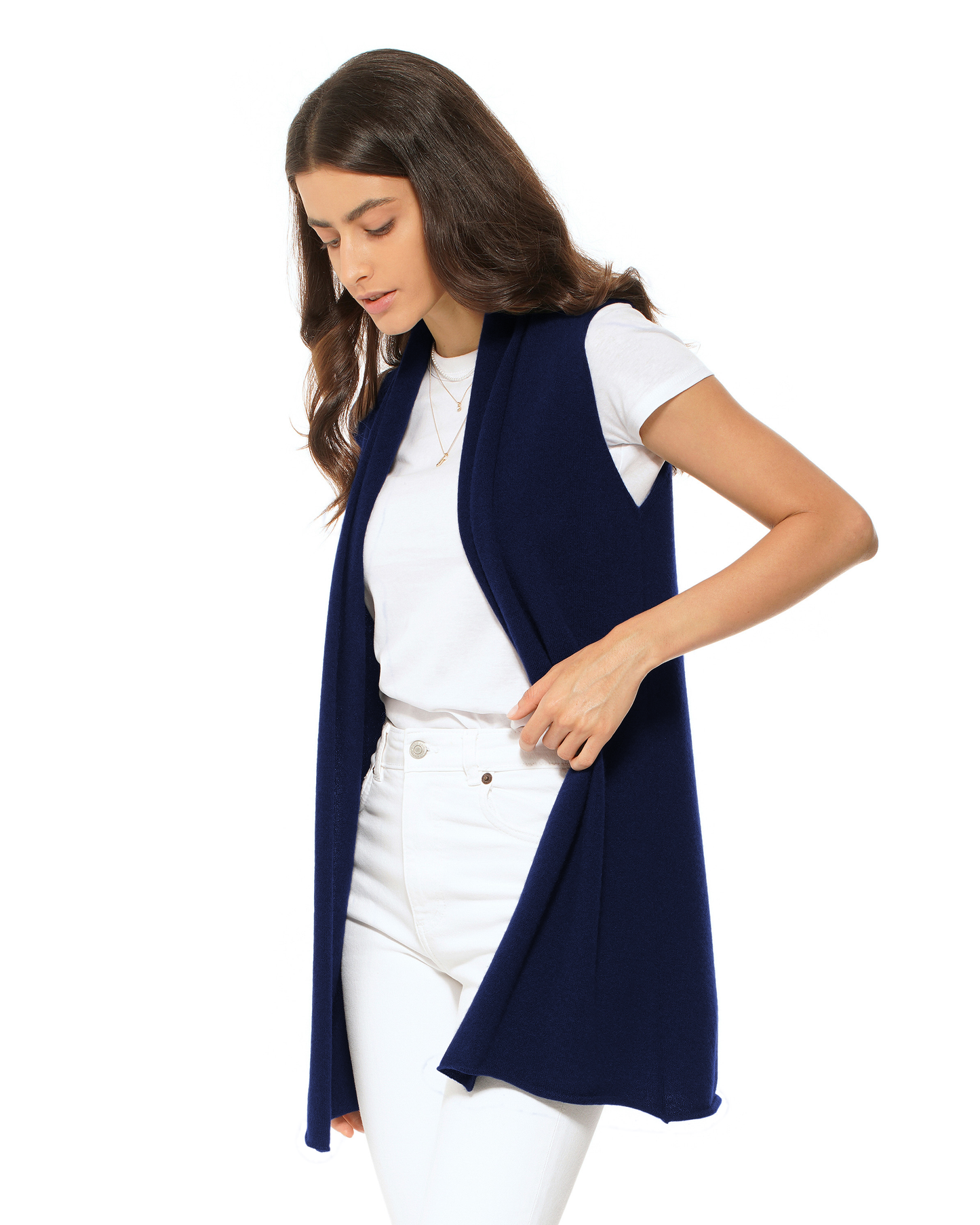 Women's Pure Cashmere Sleeveless Long Open Front Cardigan Blue
