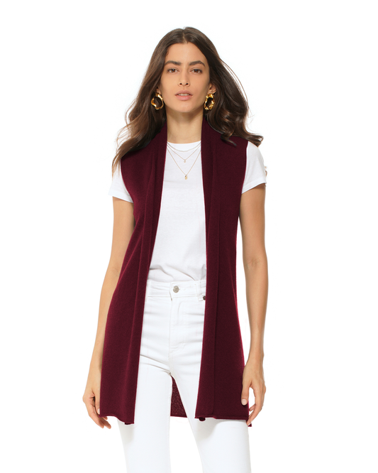 Women's Pure Cashmere Sleeveless Long Open Front Cardigan Bordeaux