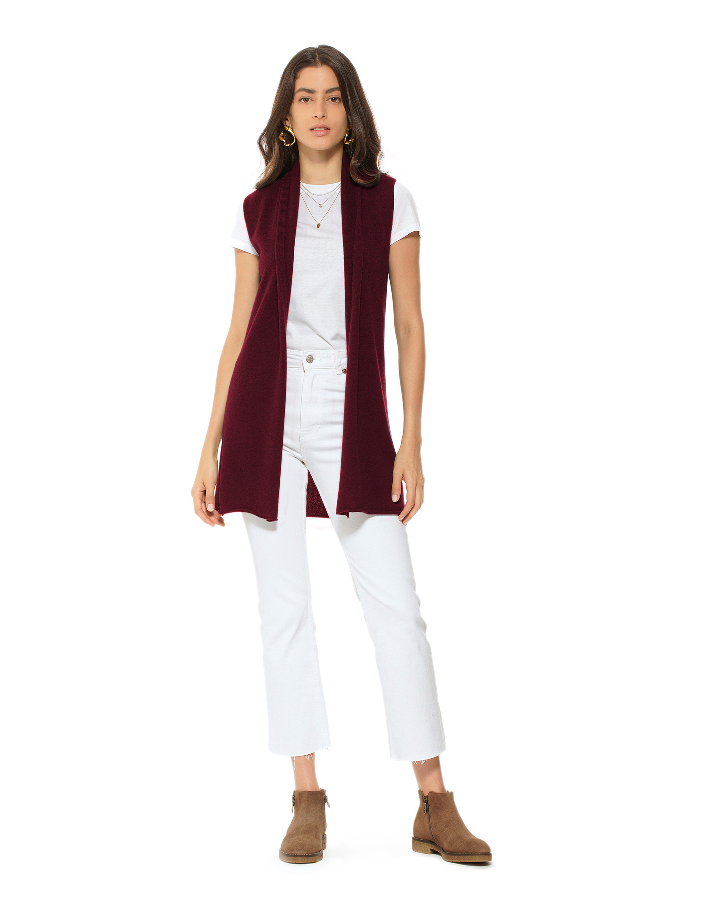 Women's Pure Cashmere Sleeveless Long Open Front Cardigan Bordeaux