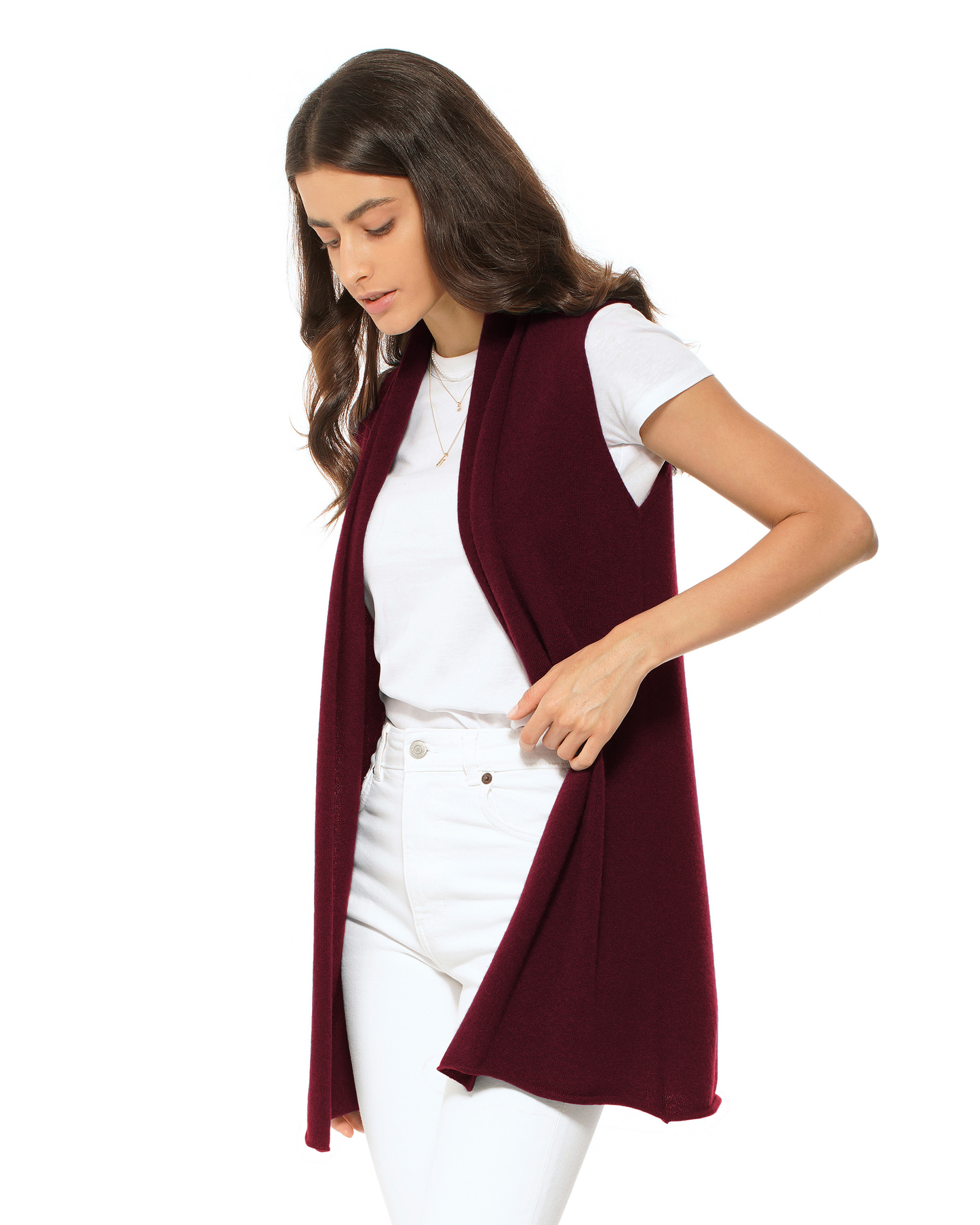 Women's Pure Cashmere Sleeveless Long Open Front Cardigan Bordeaux