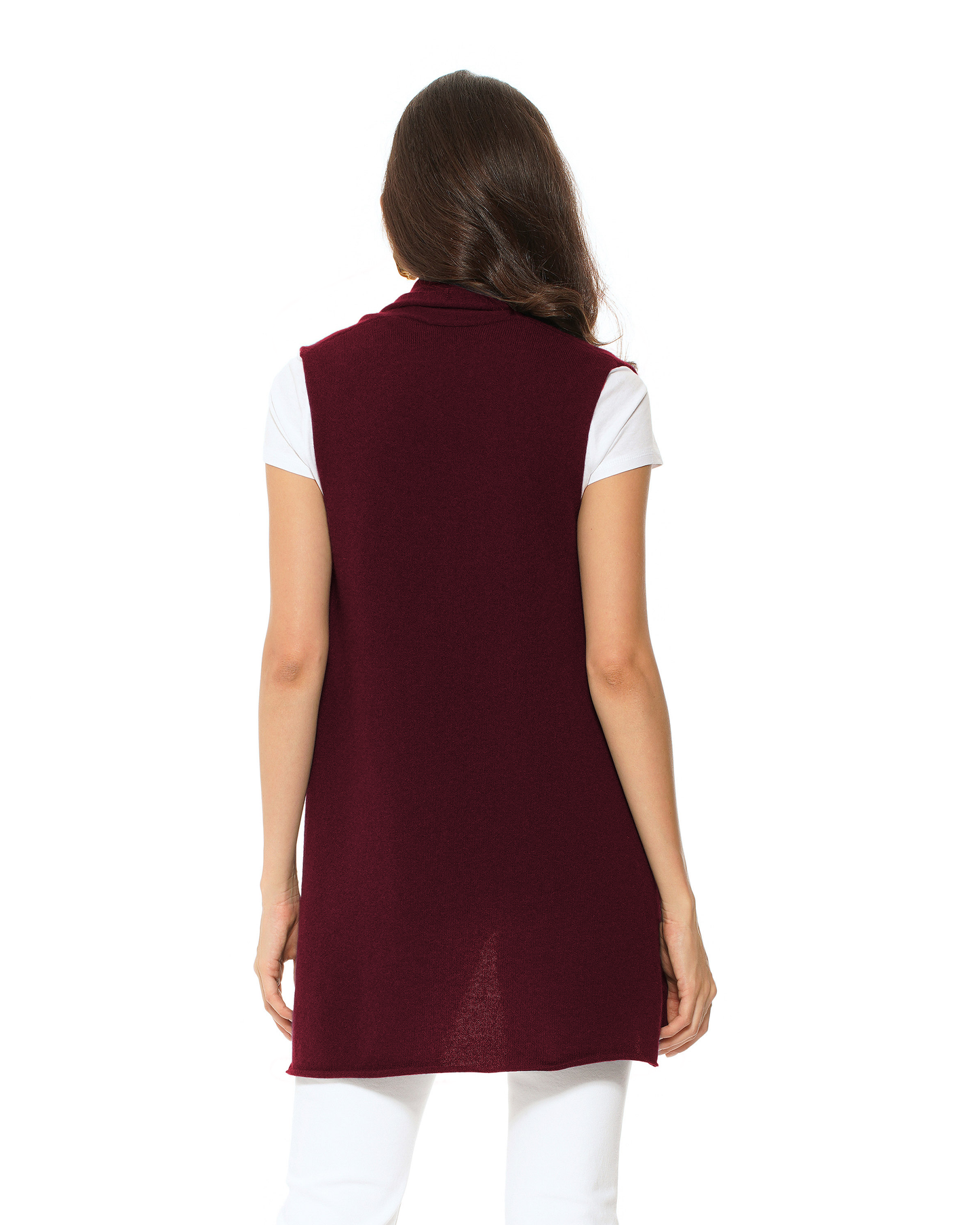 Women's Pure Cashmere Sleeveless Long Open Front Cardigan Bordeaux