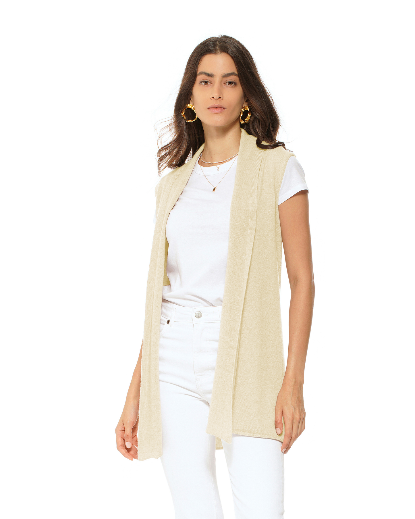 Women's Pure Cashmere Sleeveless Long Open Front Cardigan Butter Yellow