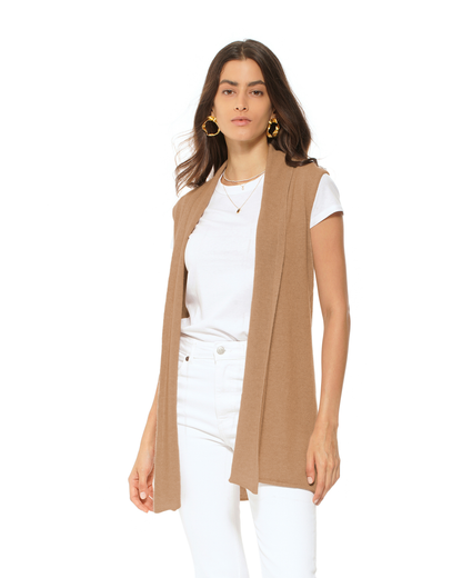 Women's Pure Cashmere Sleeveless Long Open Front Cardigan Camel