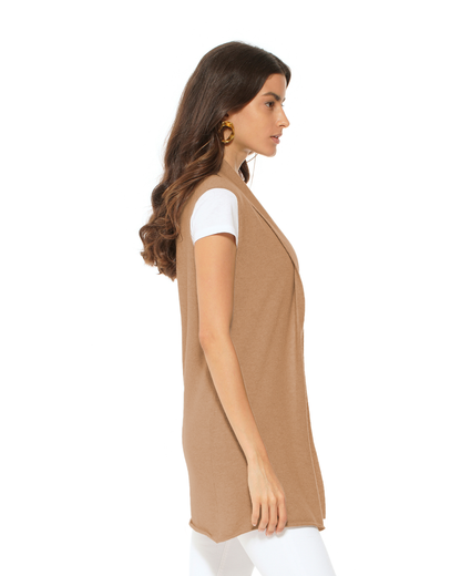 Women's Pure Cashmere Sleeveless Long Open Front Cardigan Camel
