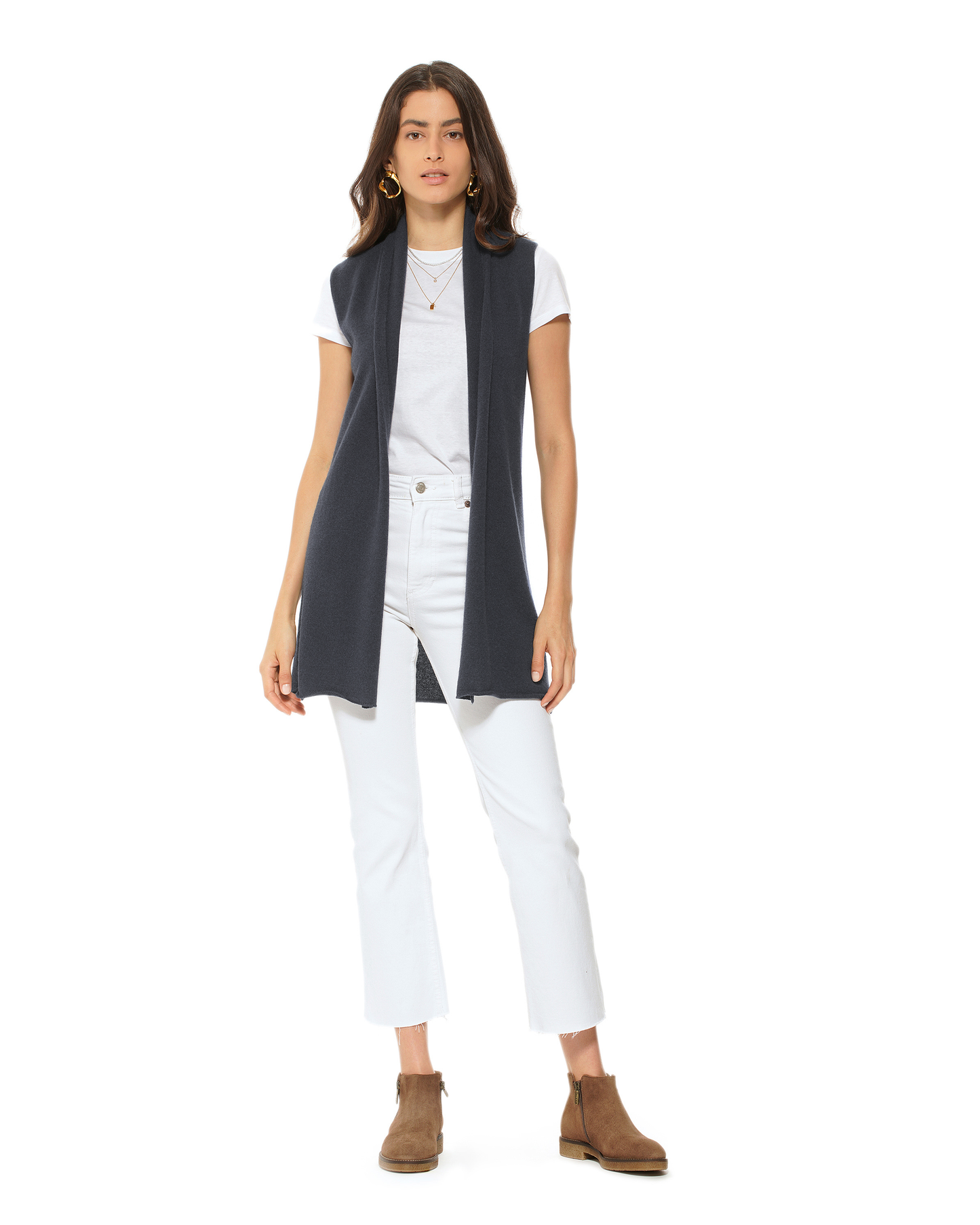 Women's Pure Cashmere Sleeveless Long Open Front Cardigan Charcoal