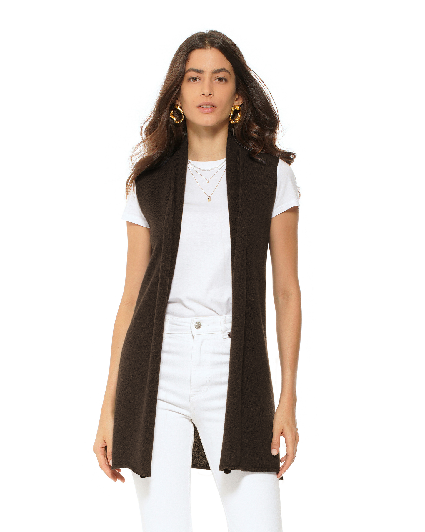 Women's Pure Cashmere Sleeveless Long Open Front Cardigan Coffee