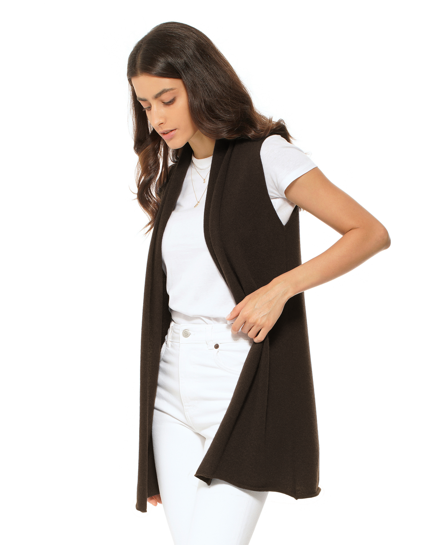Women's Pure Cashmere Sleeveless Long Open Front Cardigan Coffee