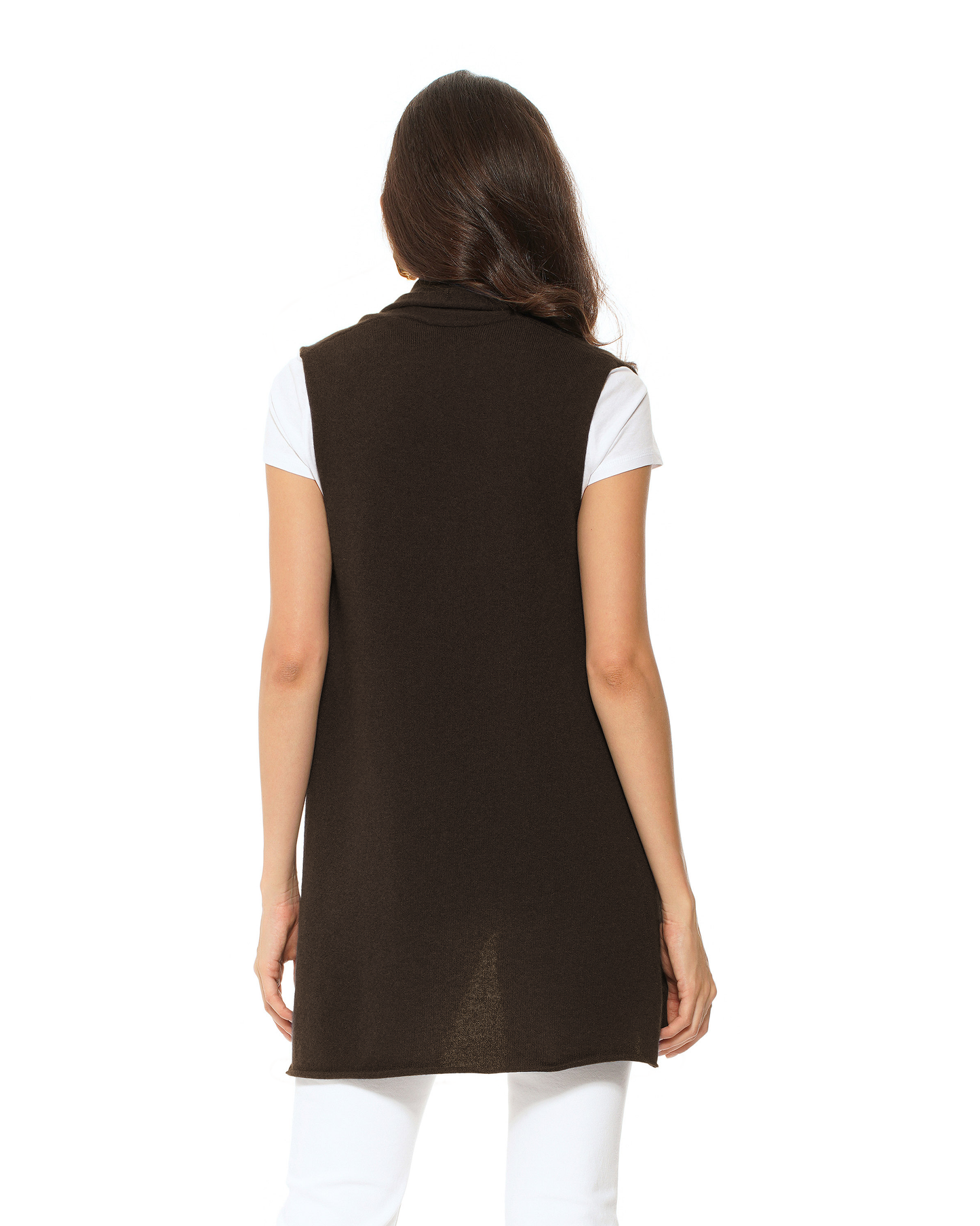 Women's Pure Cashmere Sleeveless Long Open Front Cardigan Coffee