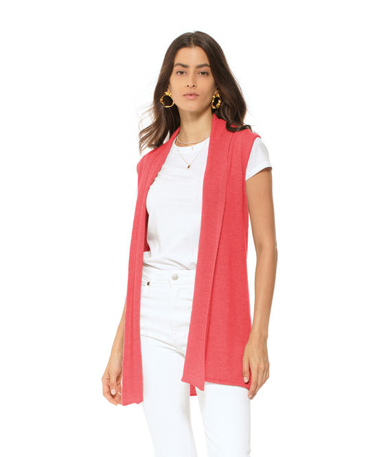 Women's Pure Cashmere Sleeveless Long Open Front Cardigan Coral Red