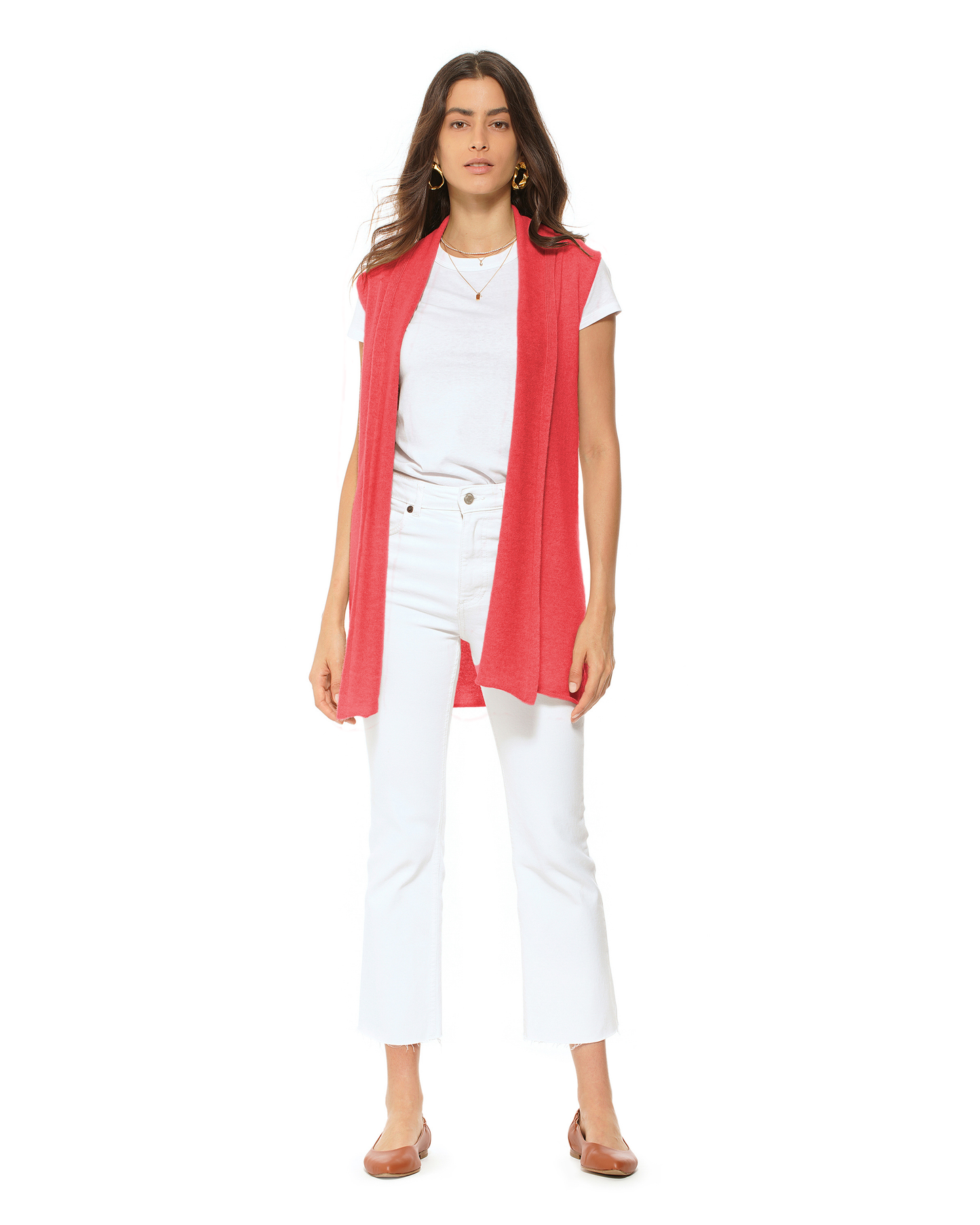 Women's Pure Cashmere Sleeveless Long Open Front Cardigan Coral Red