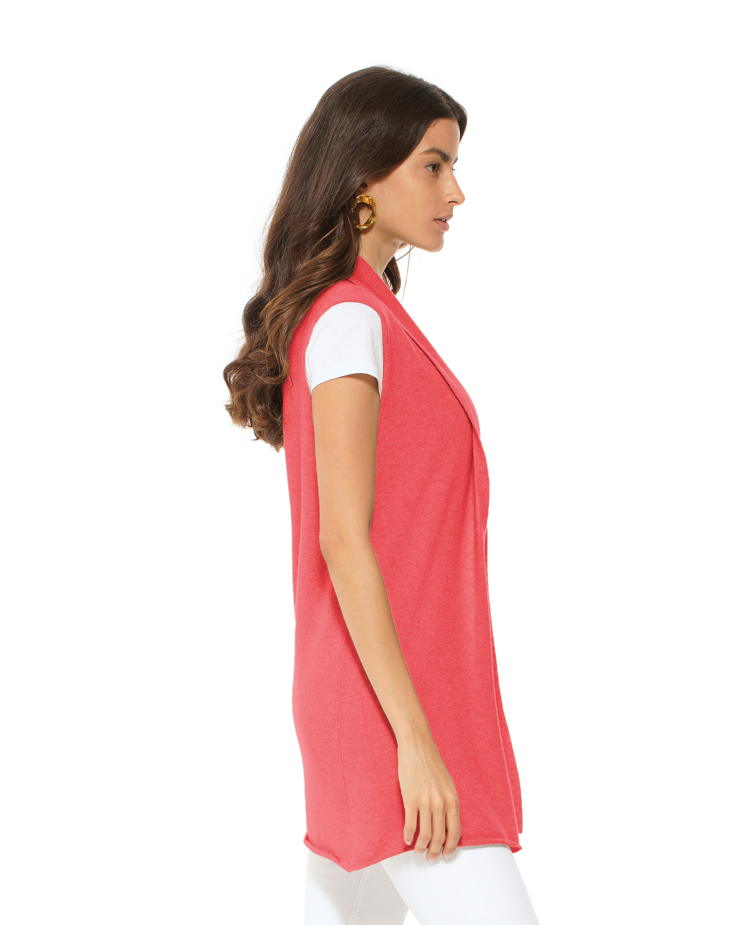 Women's Pure Cashmere Sleeveless Long Open Front Cardigan Coral Red
