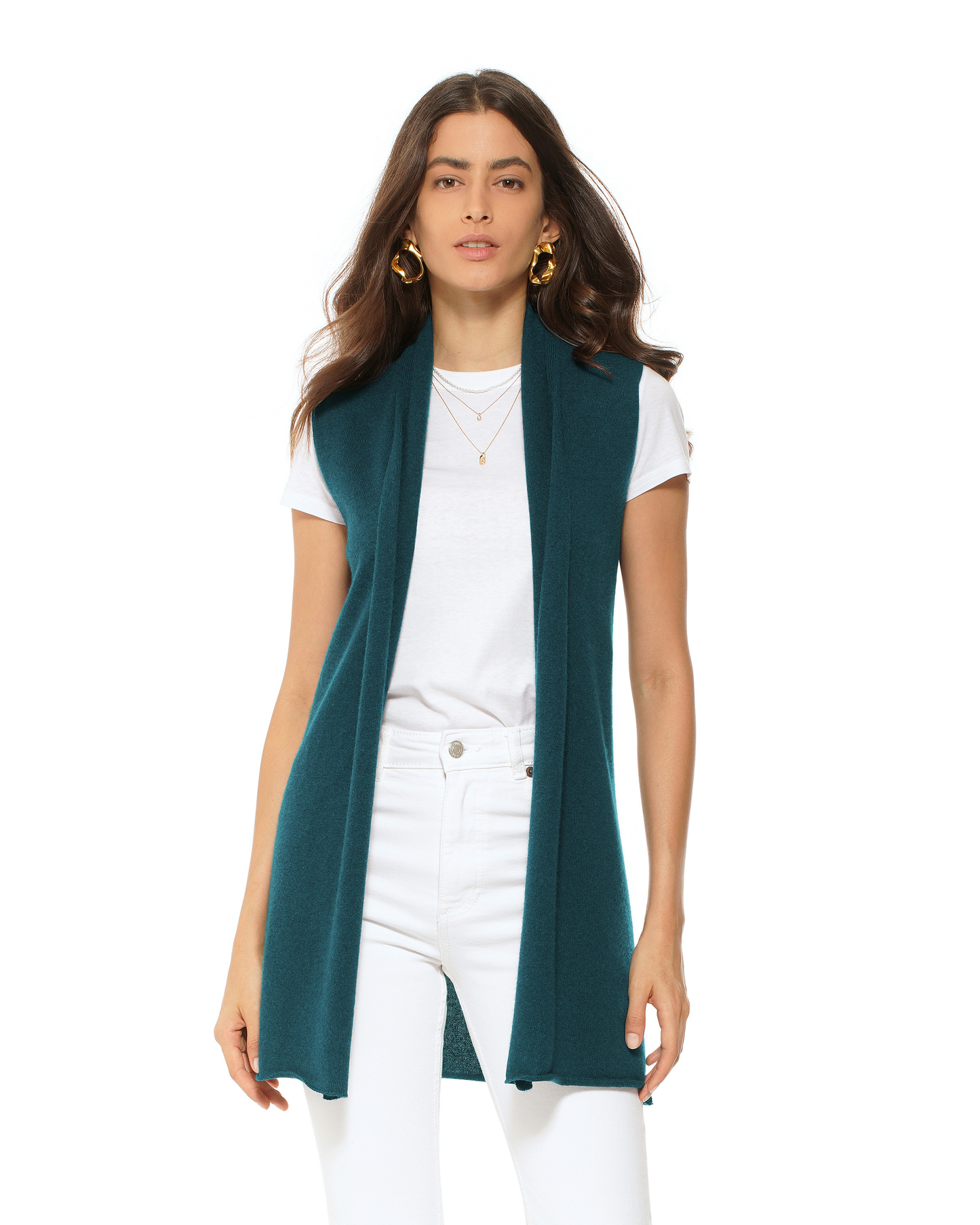 Women's Pure Cashmere Sleeveless Long Open Front Cardigan Forest Green