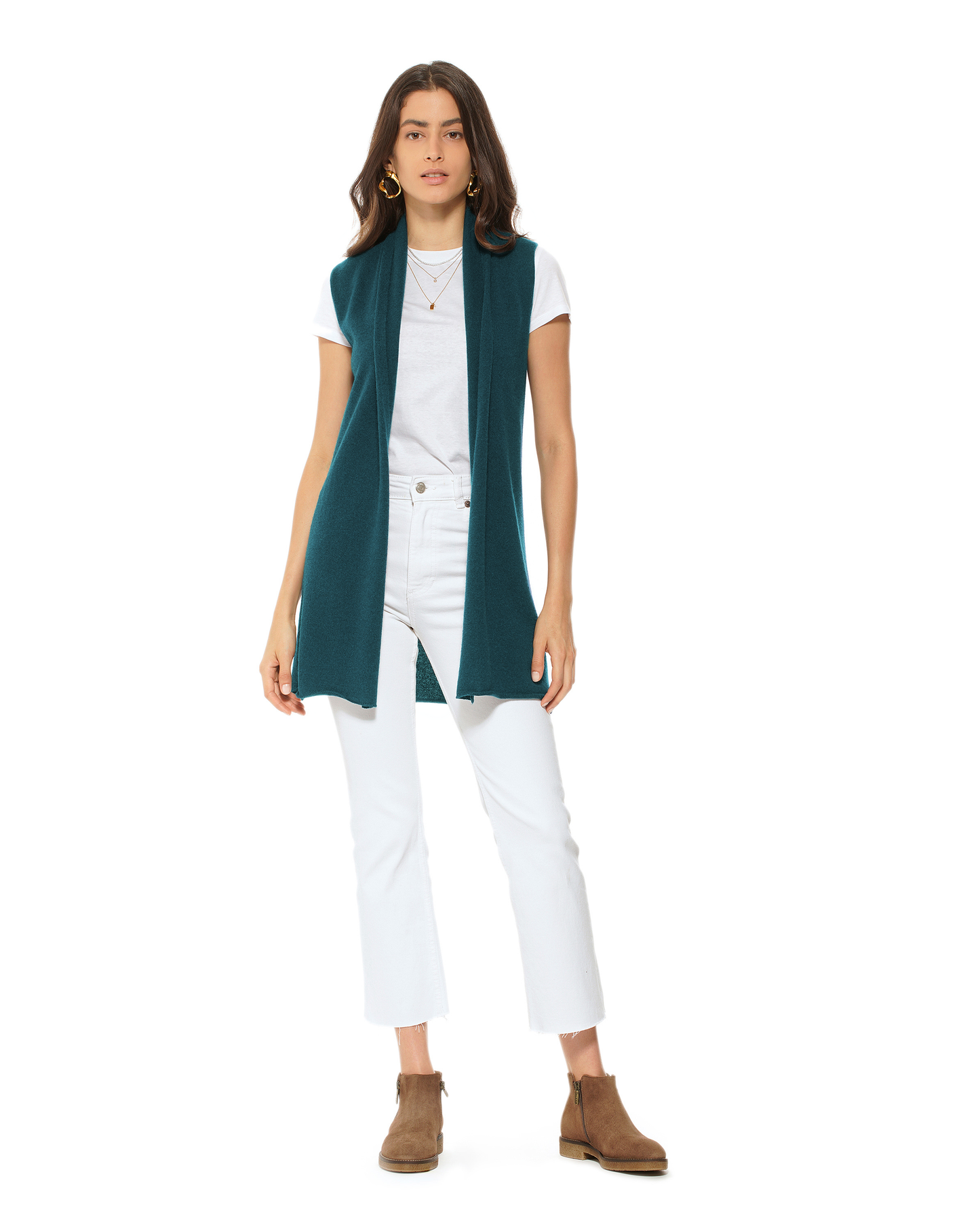 Women's Pure Cashmere Sleeveless Long Open Front Cardigan Forest Green