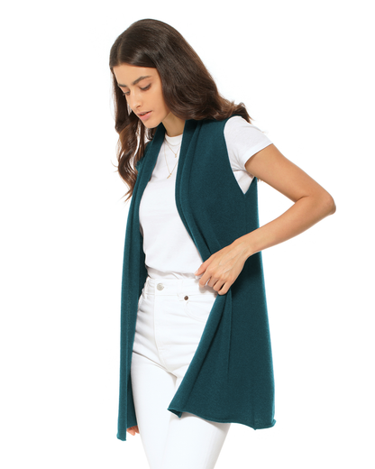 Women's Pure Cashmere Sleeveless Long Open Front Cardigan Forest Green