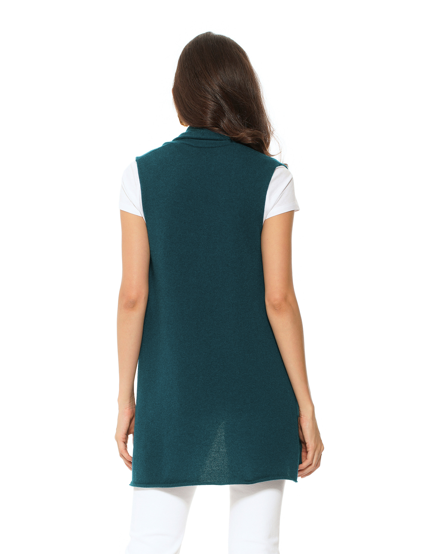 Women's Pure Cashmere Sleeveless Long Open Front Cardigan Forest Green