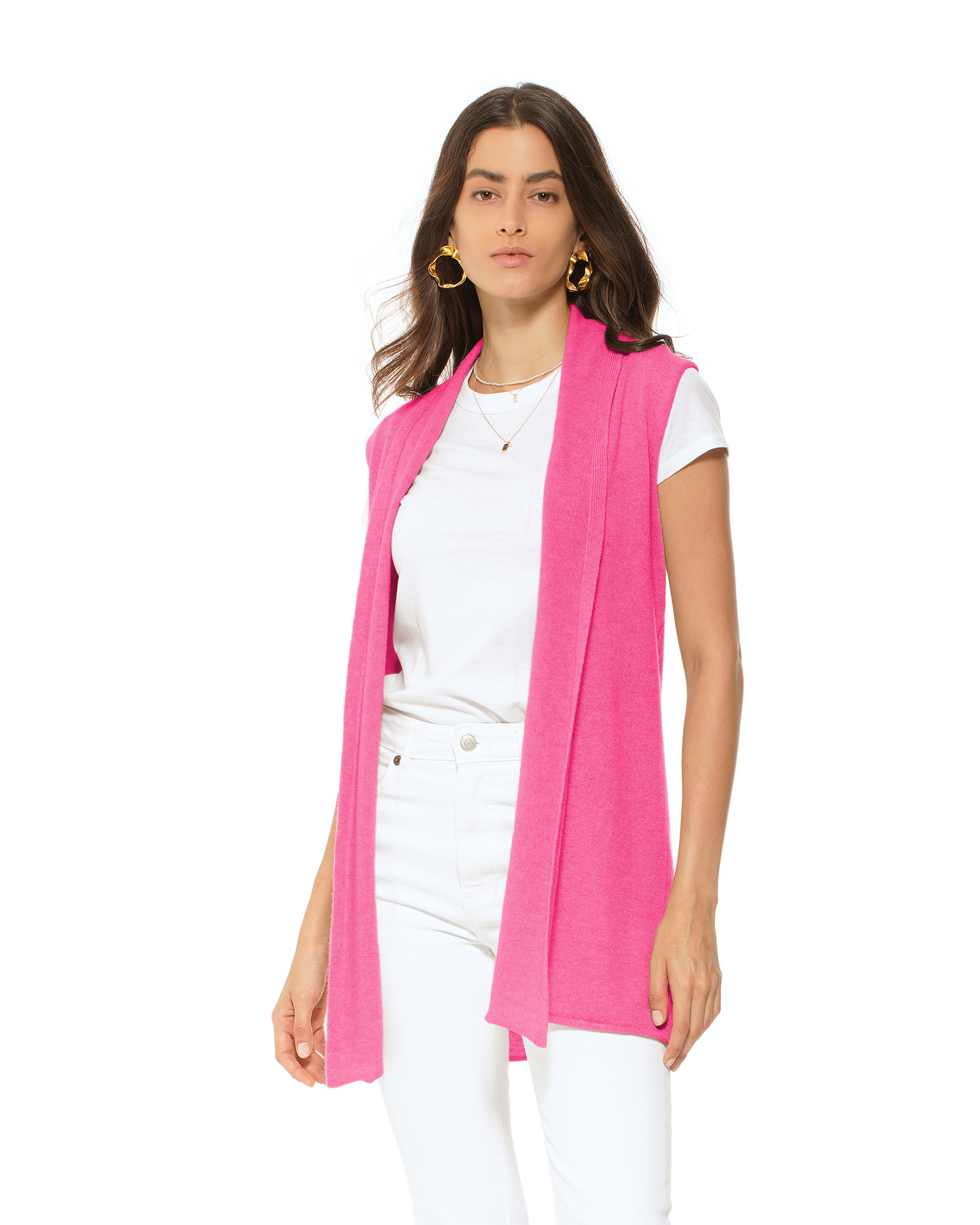 Women's Pure Cashmere Sleeveless Long Open Front Cardigan Fuchsia