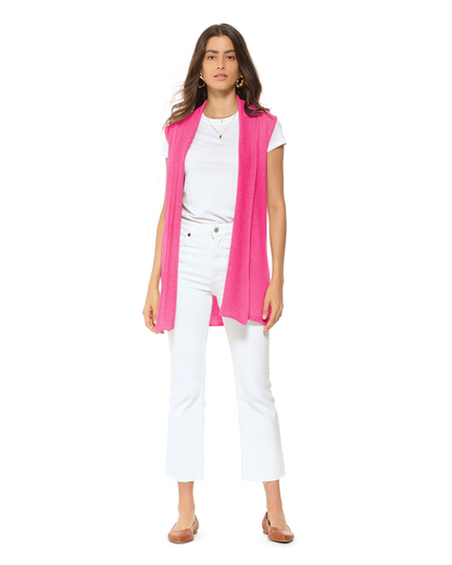 Women's Pure Cashmere Sleeveless Long Open Front Cardigan Fuchsia