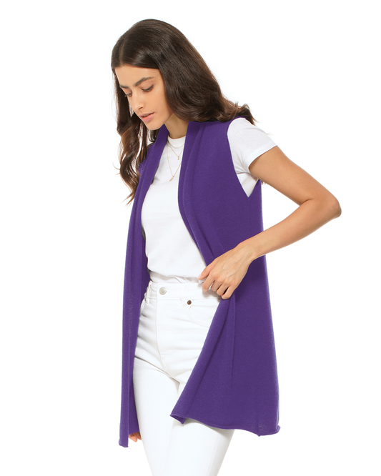 Women's Pure Cashmere Sleeveless Long Open Front Cardigan Iris Purple