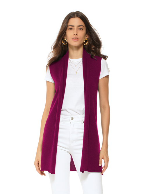 Women's Pure Cashmere Sleeveless Long Open Front Cardigan Magenta