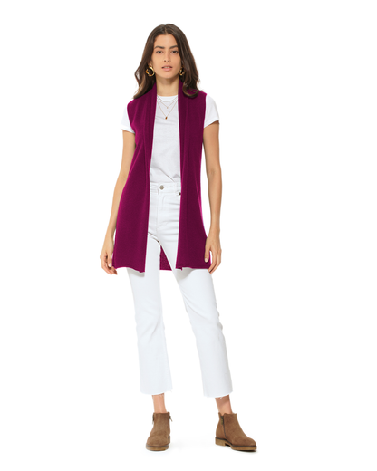 Women's Pure Cashmere Sleeveless Long Open Front Cardigan Magenta