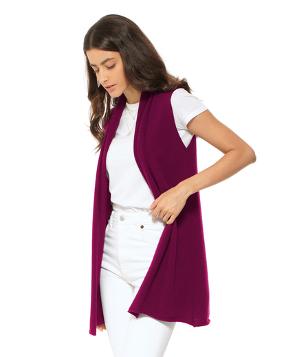 Women's Pure Cashmere Sleeveless Long Open Front Cardigan Magenta