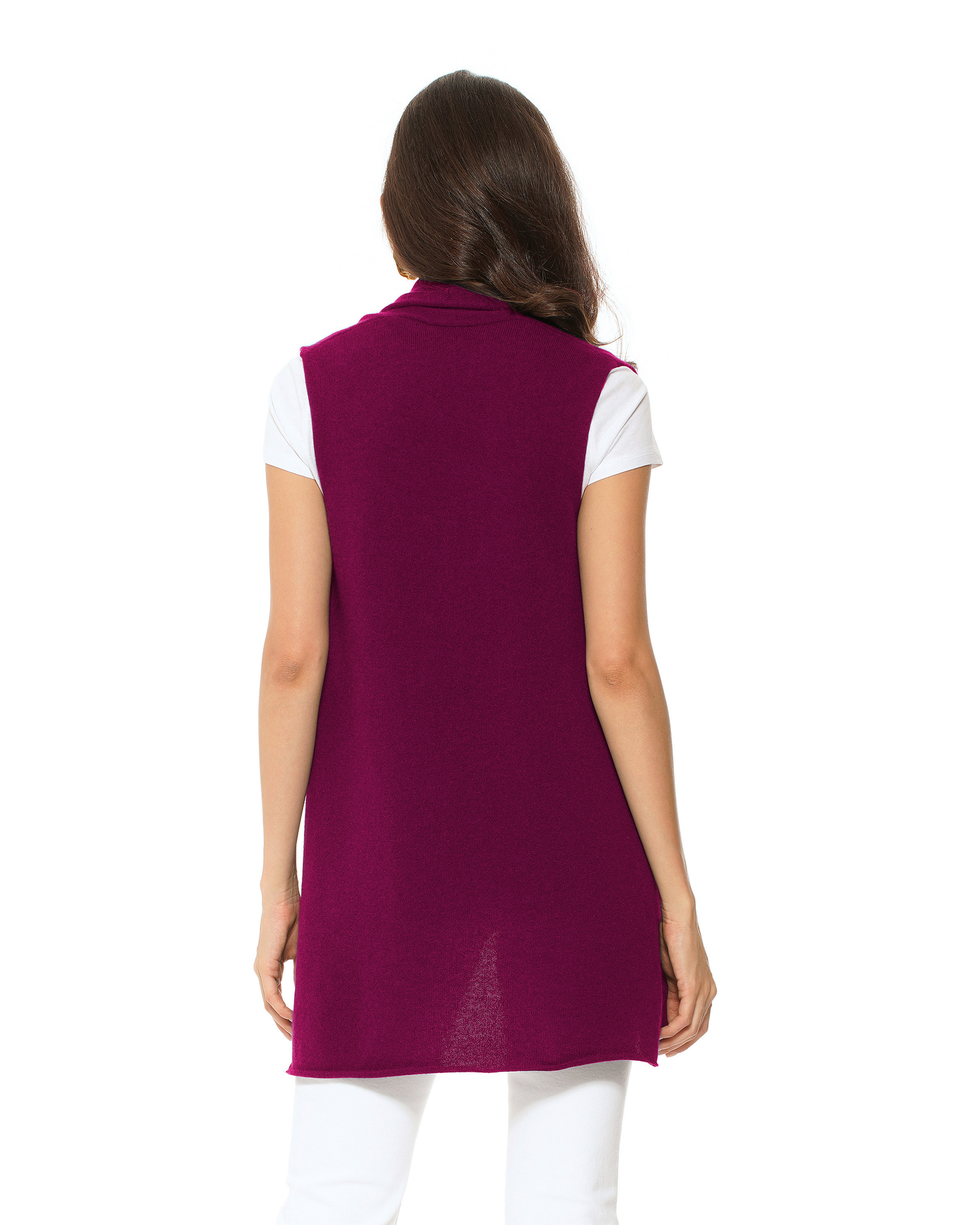 Women's Pure Cashmere Sleeveless Long Open Front Cardigan Magenta