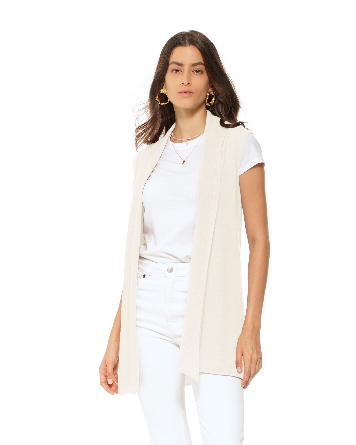 Women's Pure Cashmere Sleeveless Long Open Front Cardigan Milk White