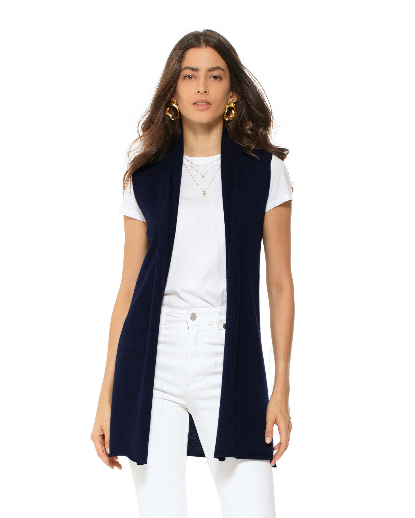 Women's Pure Cashmere Sleeveless Long Open Front Cardigan Night Blue