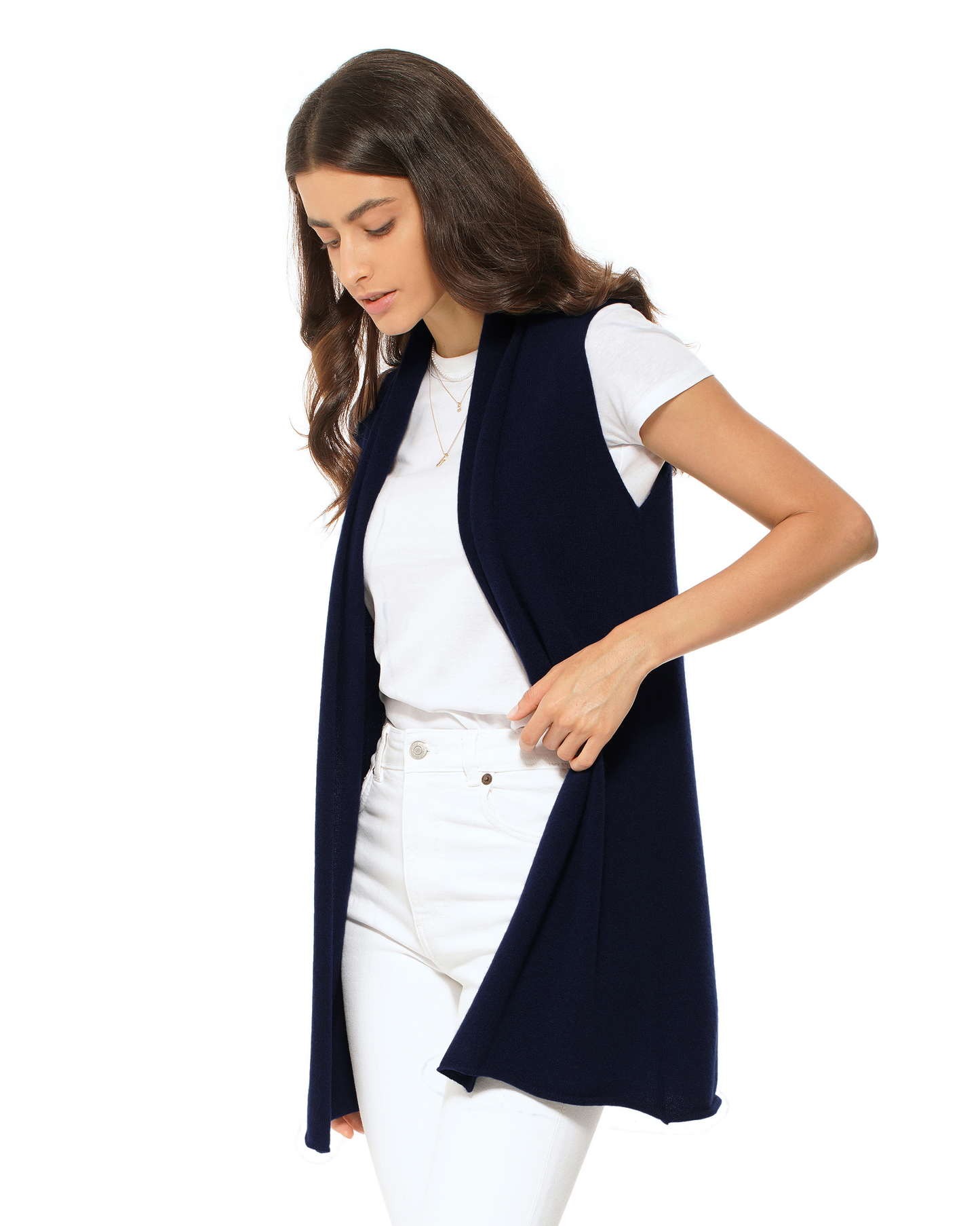 Women's Pure Cashmere Sleeveless Long Open Front Cardigan Night Blue