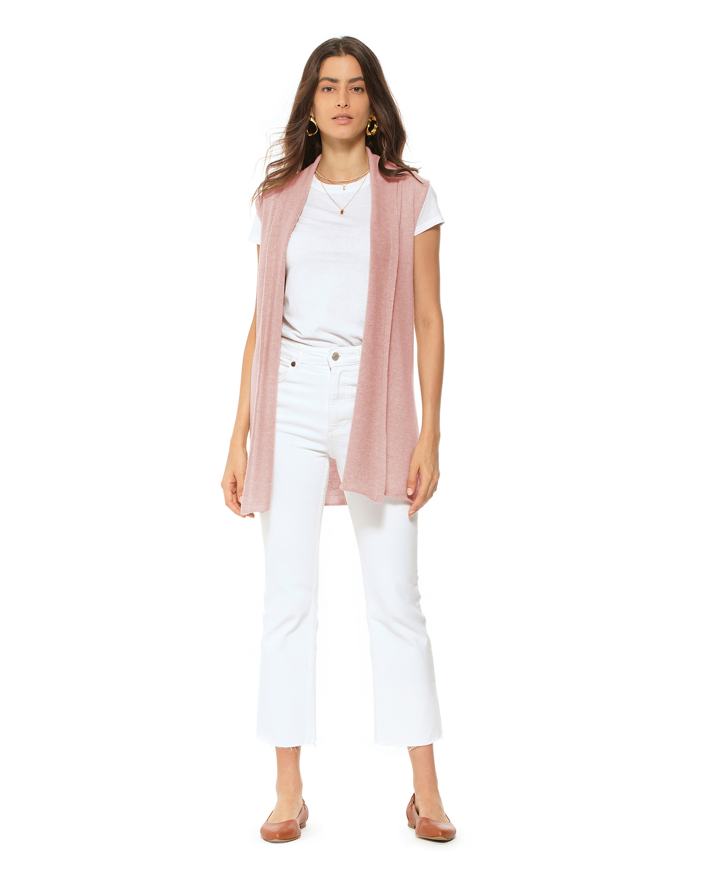 Women's Pure Cashmere Sleeveless Long Open Front Cardigan Old Rose