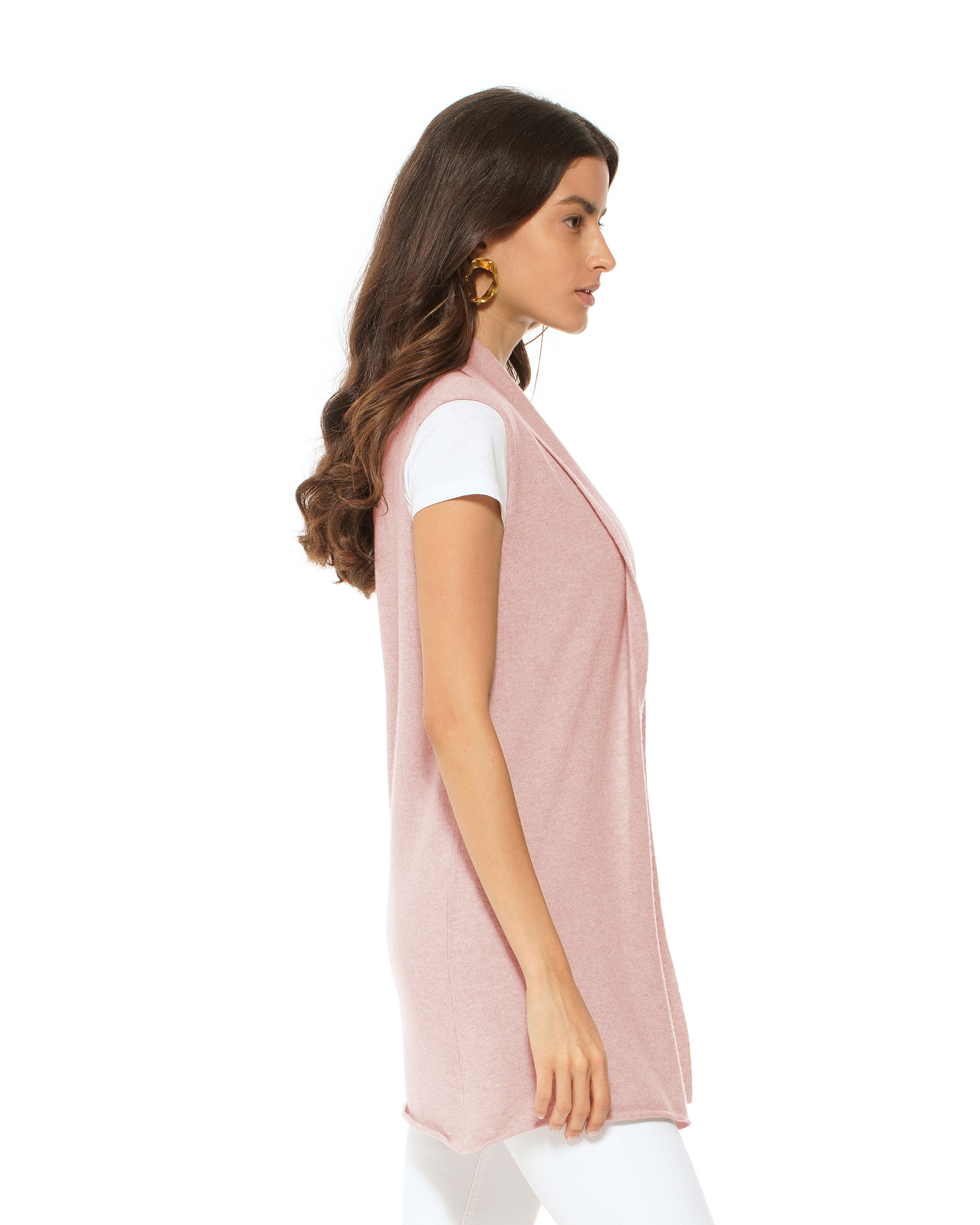Women's Pure Cashmere Sleeveless Long Open Front Cardigan Old Rose