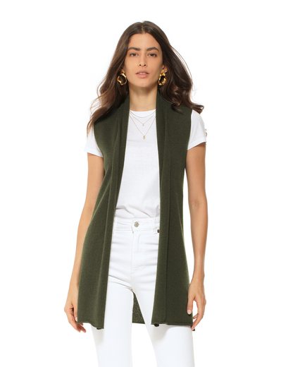 Women's Pure Cashmere Sleeveless Long Open Front Cardigan Olive Green