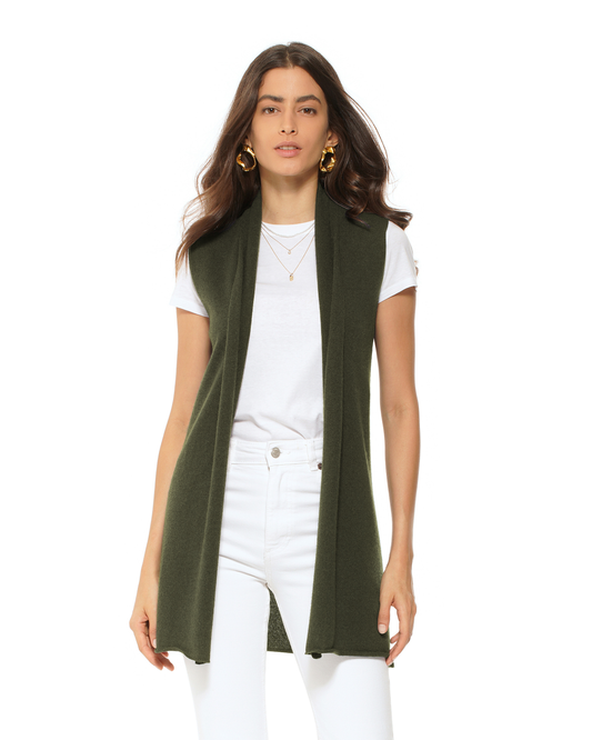 Women's Pure Cashmere Sleeveless Long Open Front Cardigan Olive Green
