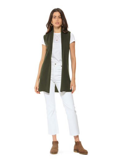 Women's Pure Cashmere Sleeveless Long Open Front Cardigan Olive Green