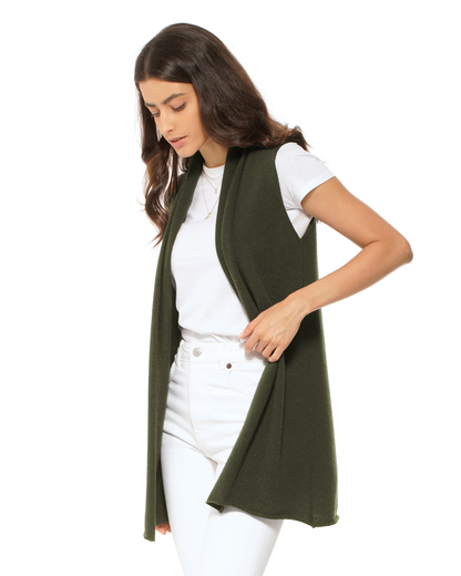 Women's Pure Cashmere Sleeveless Long Open Front Cardigan Olive Green