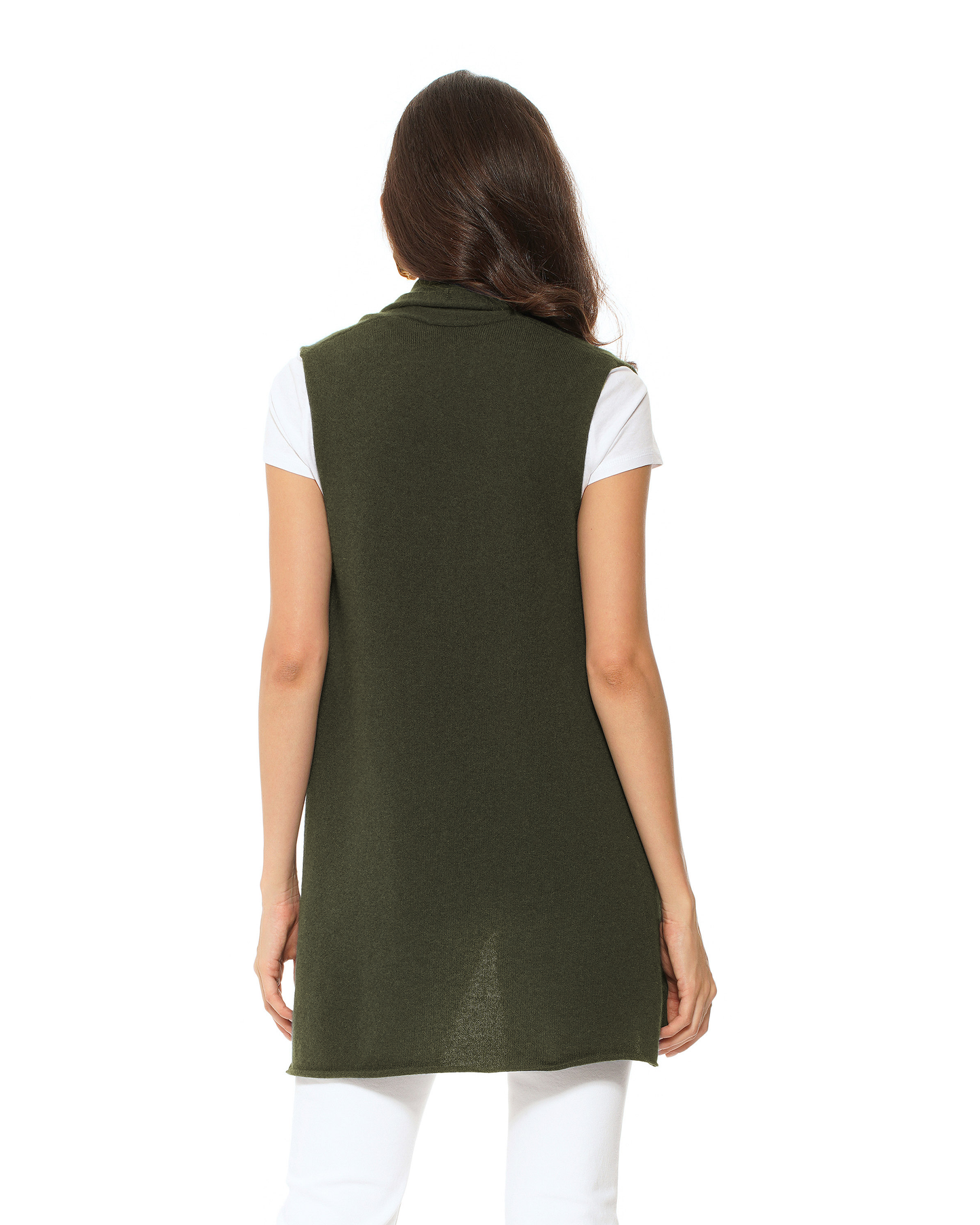 Women's Pure Cashmere Sleeveless Long Open Front Cardigan Olive Green