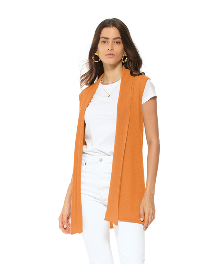 Women's Pure Cashmere Sleeveless Long Open Front Cardigan Saffron