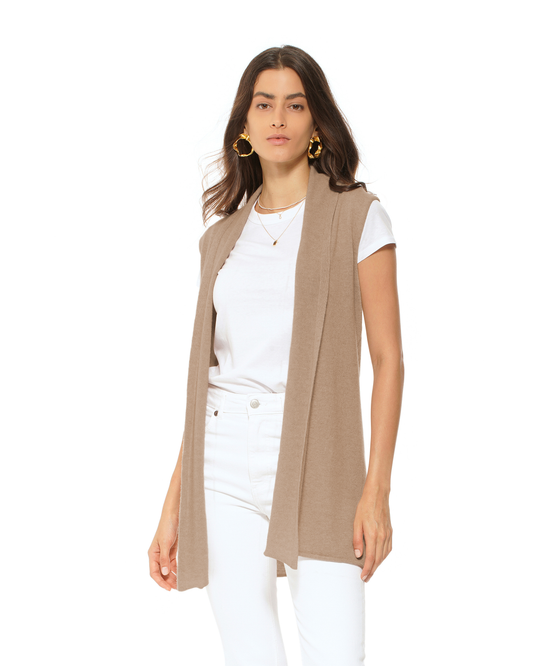 Women's Pure Cashmere Sleeveless Long Open Front Cardigan Taupe