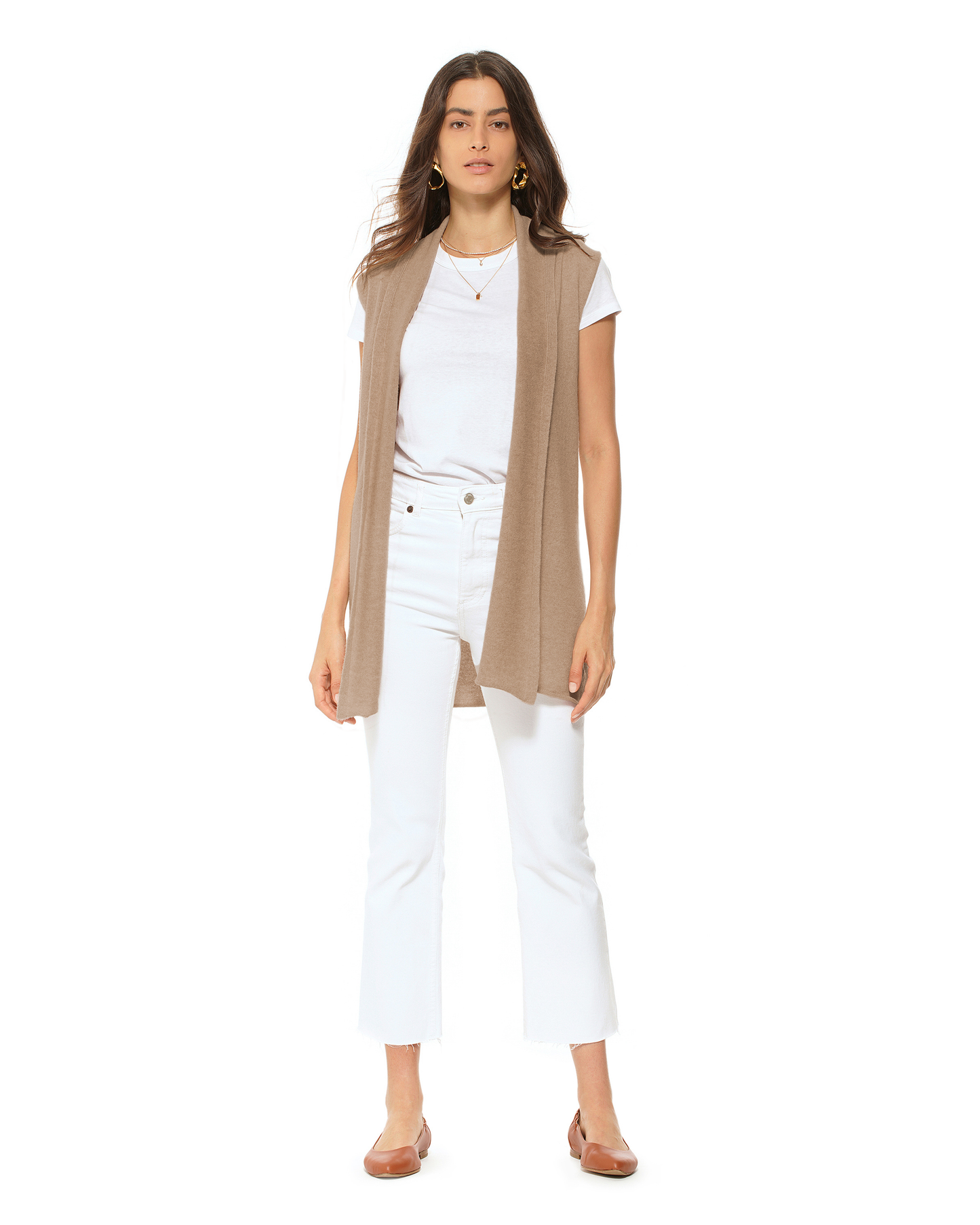 Women's Pure Cashmere Sleeveless Long Open Front Cardigan Taupe