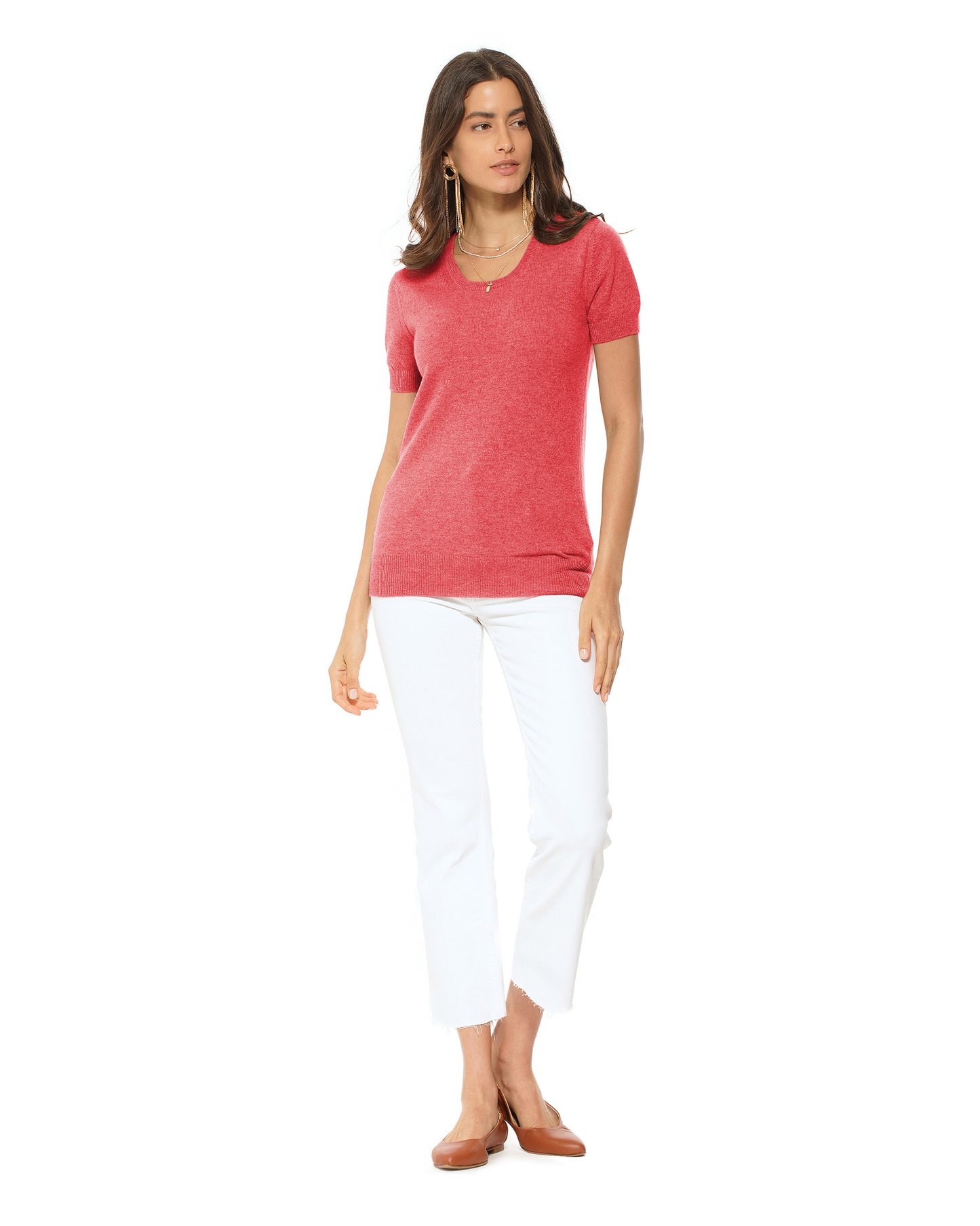 Women's Pure Cashmere Featherlight Knit Tee Coral Red