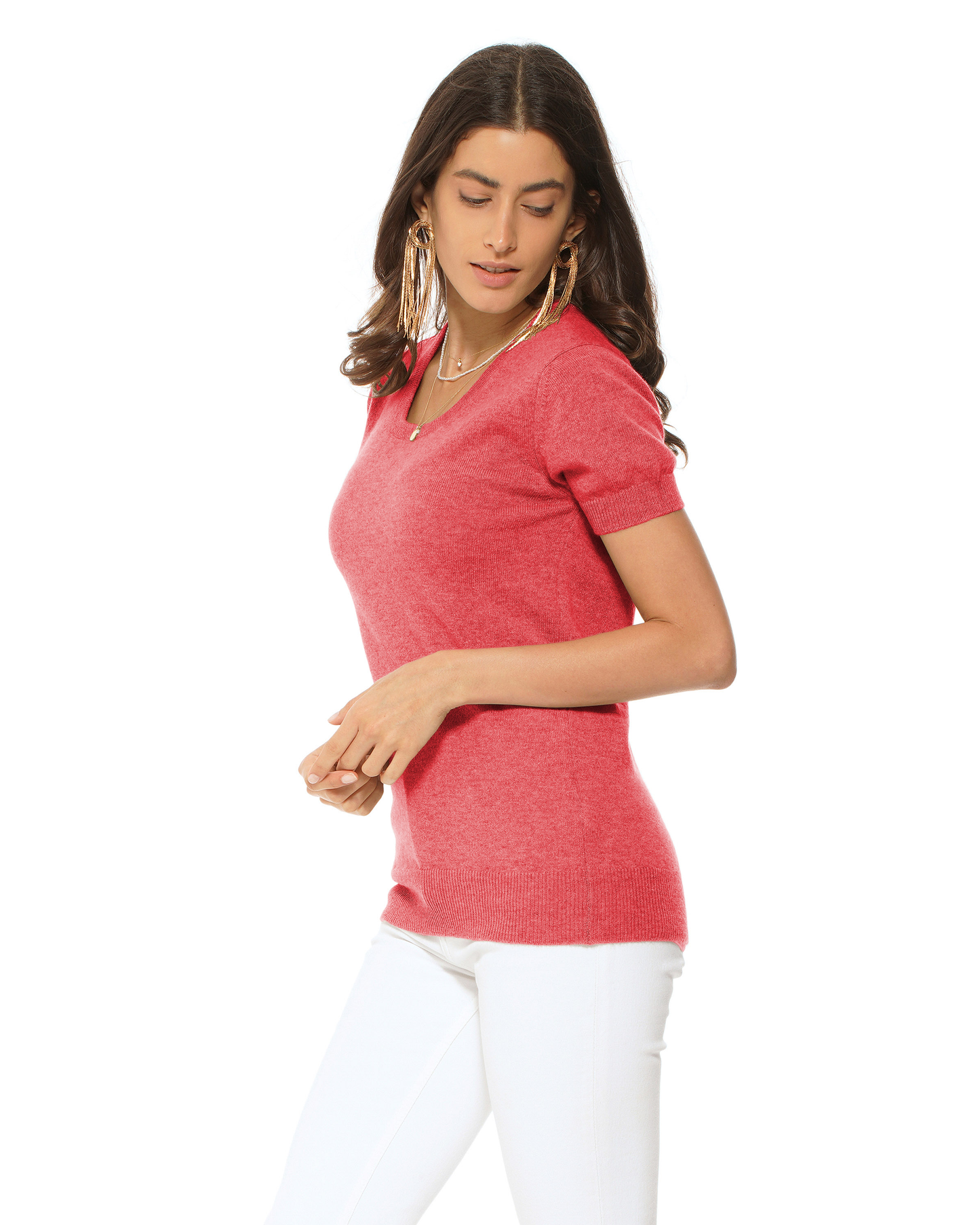 Women's Pure Cashmere Featherlight Knit Tee Coral Red