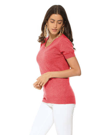 Women's Pure Cashmere Featherlight Knit Tee Coral Red