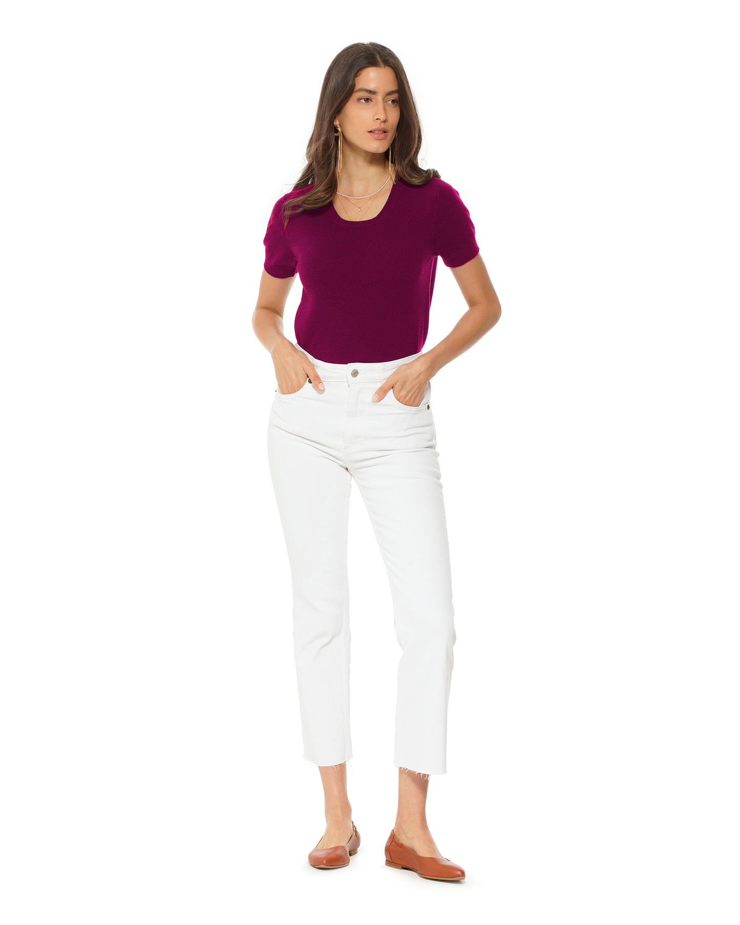 Women's Pure Cashmere Featherlight Knit Tee Magenta