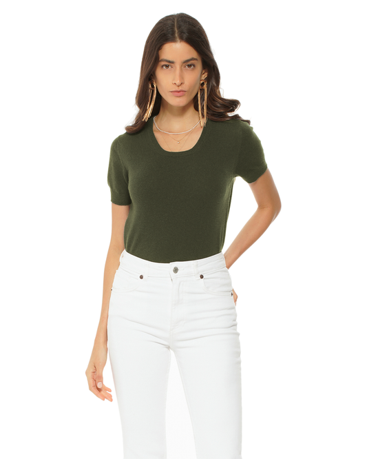Women's Pure Cashmere Featherlight Knit Tee Olive Green