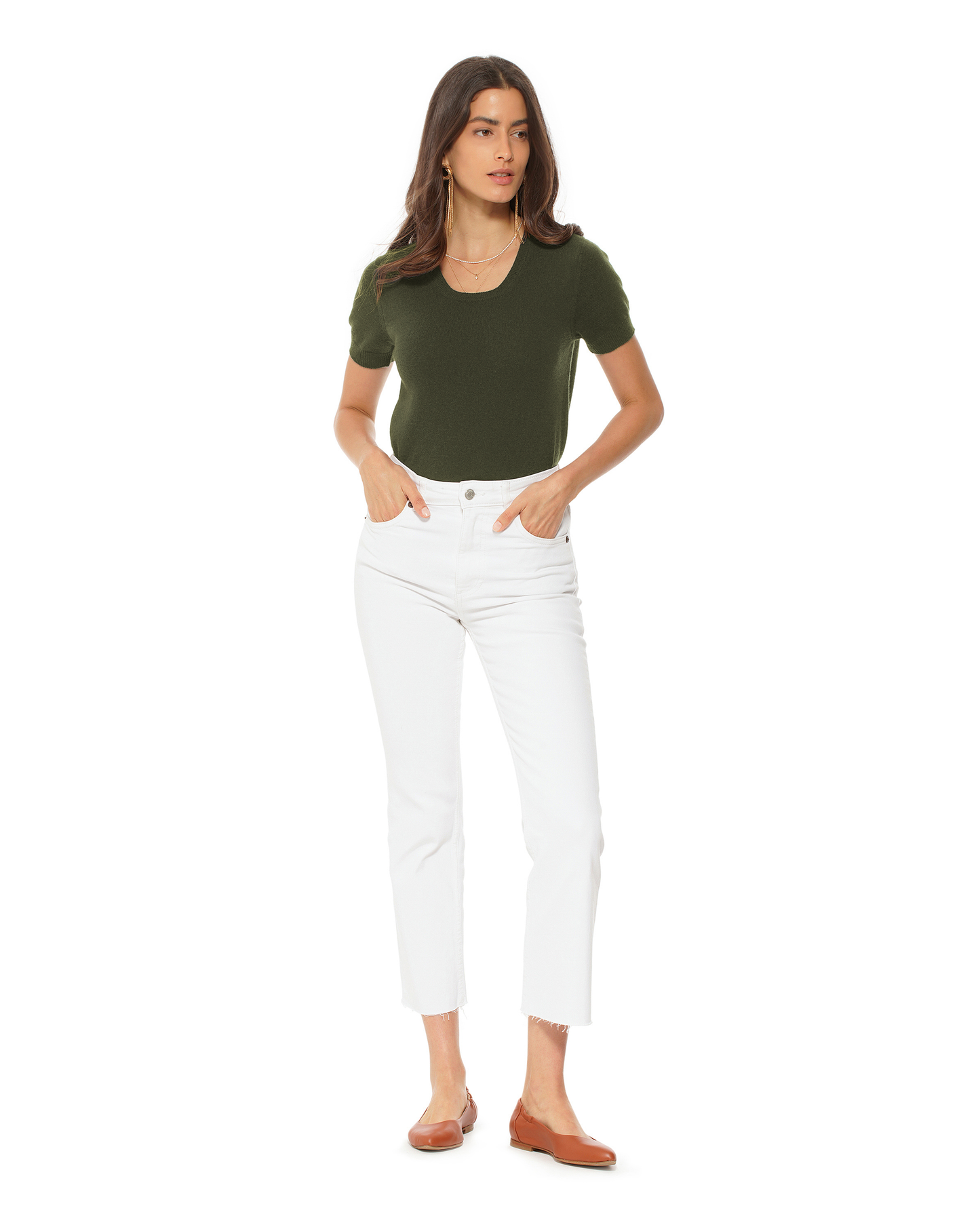 Women's Pure Cashmere Featherlight Knit Tee Olive Green