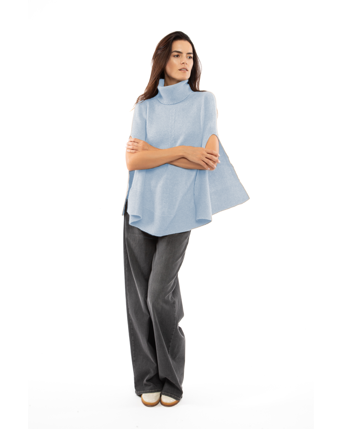 Women's Pure Cashmere Turtleneck Poncho Baby Blue