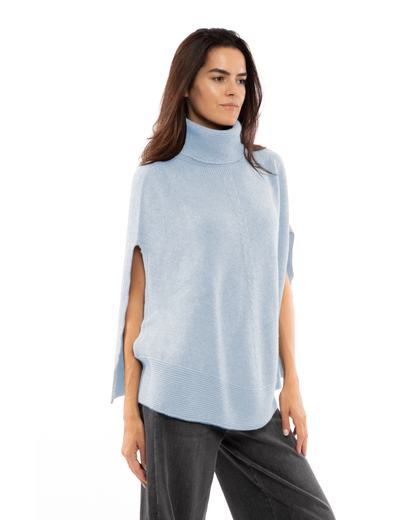 Women's Pure Cashmere Turtleneck Poncho Baby Blue