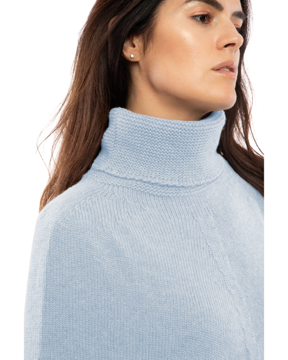Women's Pure Cashmere Turtleneck Poncho Baby Blue